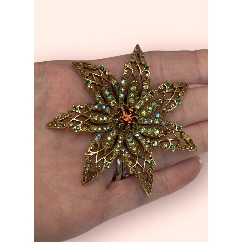 VINTAGE SIGNED ART ARTHUR PEPPER 3D FLOWER BROOCH AB STONES GOLD Tone Rhinestone